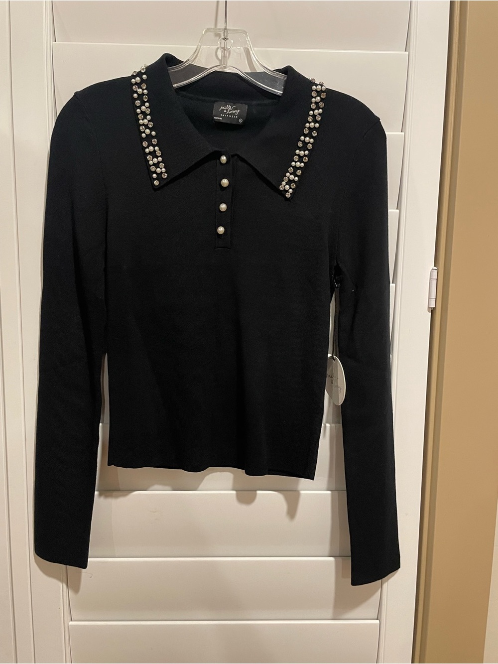 Embellished Collar Black Long-Sleeve Polo Top by Worthington
